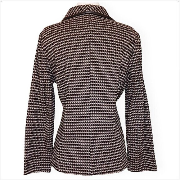 TravelSmith Brown Pattern Print Stretch Sweater Knit Faux Leather Trim Jacket M - Picture 2 of 3